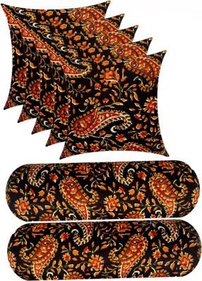 Swikon star Combo Set of 5 Cushion And 2 Microfibre Floral Bolster Pack of 7(Black, Orange1)