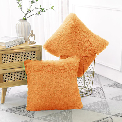KNEFT Furry Pillow Square Shape for Sofa Microfibre Solid Cushion Pack of 2(Orange)