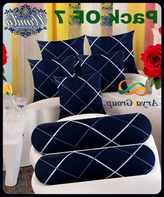 JAYOG ENTERPRISE 5 Cushion 2 Bolster Microfibre Stripes Bolster Pack of 7(Navy Blue)