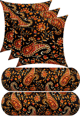 GKM Combo Set Of 3 Cushion And 2 Microfibre Floral Bolster Pack of 5(Black, Multicolor)