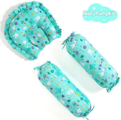 babypumpkin Mustard Seeds, Cotton Baby Pillow Pack of 3 Toons & Characters Baby Pillows for New Born 0-12 Months with 2 MatchingBolsters Head ShapingPillow(Green)