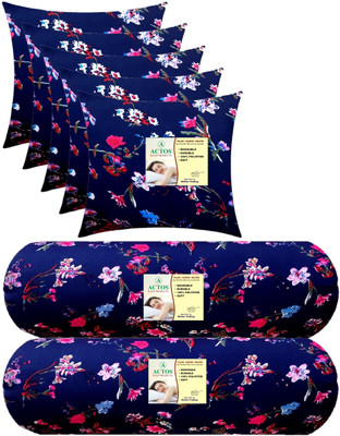 ACTOS Combo Set Of 5 Cushion And 2 Microfibre Floral Bolster Pack of 7(Blue, Multicolor5)