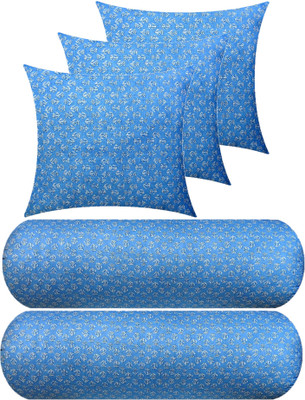 Swikon star 3 Cushion And 2 Microfibre Floral Bolster Pack of 5(Light Blue)