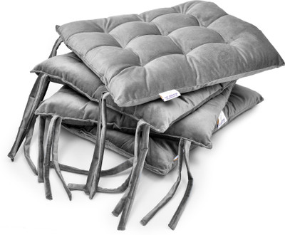 MY ARMOR Square Chair Pads Cushion for Comfortable Sitting with Ties for Pooja, Dining Microfibre Solid Chair Pad Pack of 4(Grey)