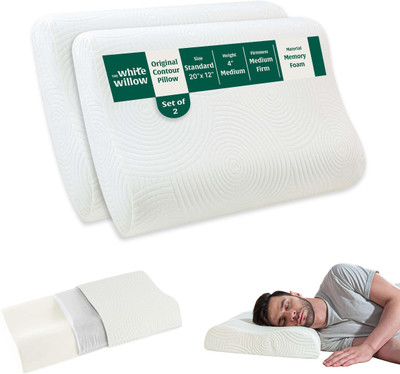 The White Willow Memory Foam Sleeping Pillow Pack of 2 Solid Small Size Cervical Contour(White)
