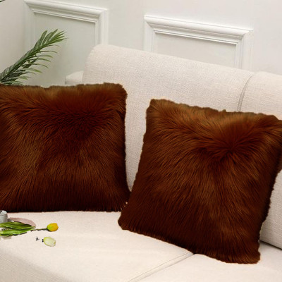 KNEFT Square Shape Fur Pillow Microfibre Solid Cushion Pack of 2(COFFEE)