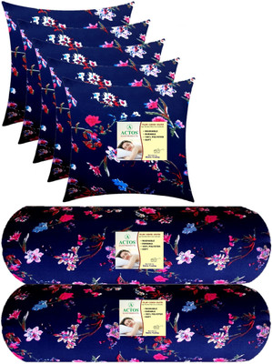 ACTOS Combo Set Of 5 Cushion And 2 Microfibre Floral Bolster Pack of 7(Blue, Multicolor83)