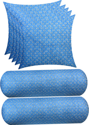 Swikon star Combo Set of 5 Cushion And 2 Microfibre Floral Bolster Pack of 7(Light Blue, White)