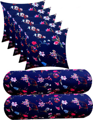 Swikon star Microfibre Bolster Pack of 7 Floral(Blue)