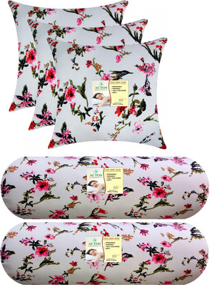ACTOS Combo Set Of 3 Cushion And 2 Microfibre Floral Bolster Pack of 5(White29)