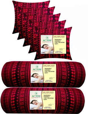 ACTOS Combo Set of 5 Cushion And 2 Bolster Microfibre Geometric Bolster Pack of 7(Maroon, Black)