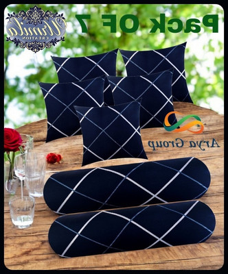 JAYOG ENTERPRISE 5 Cushion 2 Bolster Microfibre Stripes Bolster Pack of 7(Navy Blue)