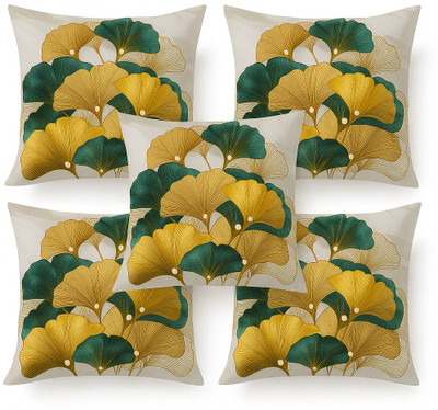Flipkart SmartBuy Microfibre Cushion Pack of 5 Floral Golden Aura Collection(Gold, White)