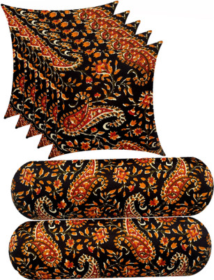 Changers Microfibre Bolster Pack of 7 Floral Combo Set of 5 Cushion And 2(Black, Orange1)