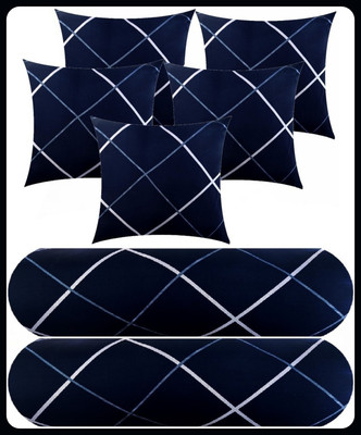 JAI SHRI 5 Cushion 2 Bolster Microfibre Stripes Bolster Pack of 7(Navy Blue)