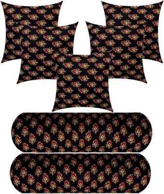 Swikon star 5 Cushion And 2 Microfibre Floral Bolster Pack of 7(Black)