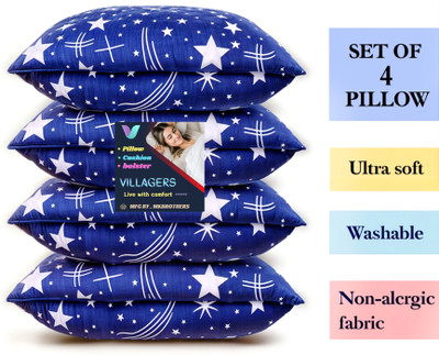 VILLAGERS Polyester Fibre Sleeping Pillow Pack of 4 Abstract Blue Star(Blue)