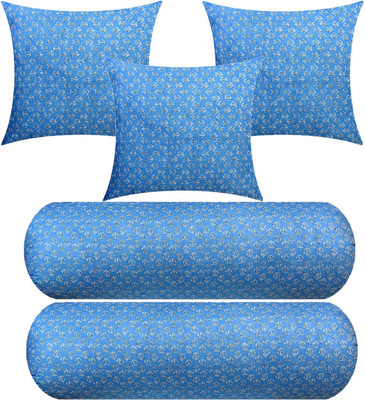 Swikon star 3 Cushion And 2 Microfibre Floral Bolster Pack of 5(Light Blue)