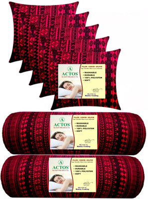 ACTOS Combo Set of 5 Cushion And 2 Bolster Microfibre Geometric Bolster Pack of 7(Maroon, Black)