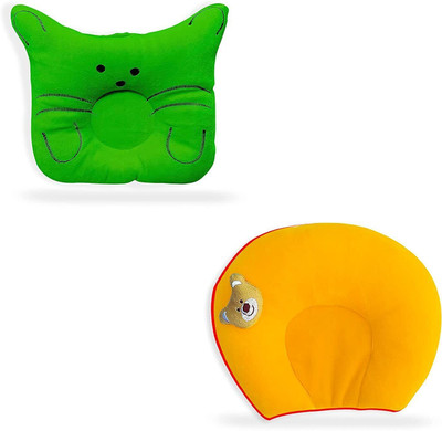 Little Star Cotton, Mustard Seeds Baby Pillow Pack of 2 Animals(Green Cat & Yellow)