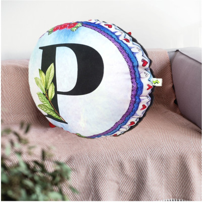 JELLIFY Alphabet P Printed Cushions with Filler 15 x15 Inch Square Sofa Pillow Gift Microfibre Floral Baby Pillow Pack of 1(Blue)