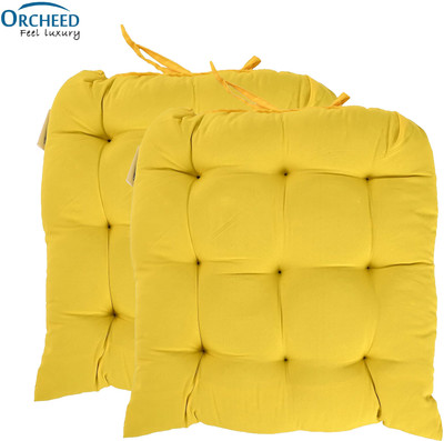 ORCHEED Square Chair Pads Cushion for Comfortable Sitting with Ties for Pooja, Dining Polyester Fibre Solid Chair Pad Pack of 2(Yellow)