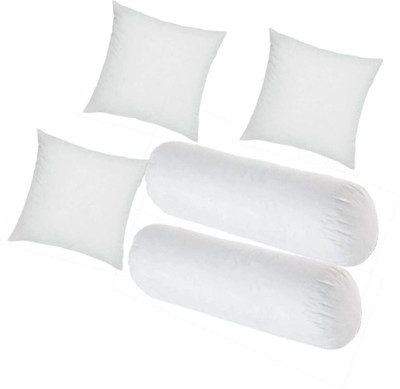 RACCOON Diwan Set Of 3 Cushion & 2 Microfibre Solid Bolster Pack of 5(White)