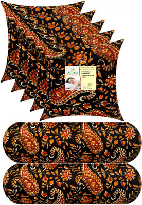 ACTOS Combo Set Of 5 Cushion And 2 Microfibre Floral Bolster Pack of 7(Black, Multicolor)