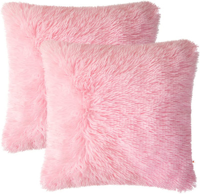 Wondershala Fur pillow Microfibre Solid Cushion Pack of 2(Pink)