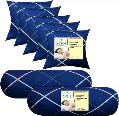 ACTOS Combo set 5 Cushion and 2 Microfibre Abstract Bolster Pack of 7(Blue)