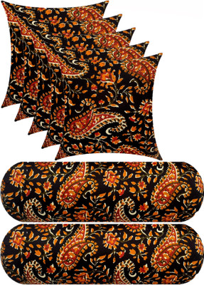 Swikon star Combo Set Of 5 Cushion And 2 Microfibre Floral Bolster Pack of 7(Black, Multicolor)