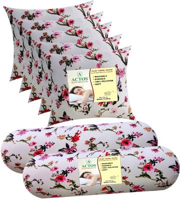 ACTOS 5 Cushion And 2 Bolster Microfibre Abstract Bolster Pack of 7(White)