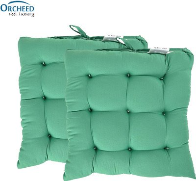 ORCHEED Square Chair Pads Cushion for Comfortable Sitting with Ties for Pooja, Dining Microfibre Solid Chair Pad Pack of 2(Green)