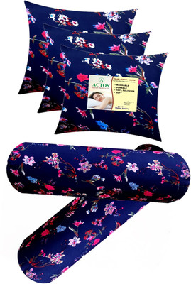 ACTOS 3 Cushion And 2 Microfibre Floral Bolster Pack of 5(Blue2)