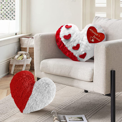 PICKKART Love Heart Shape Pilows Microfibre Stripes Cushion Pack of 2(White, Red)