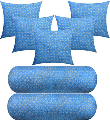 GKM Microfibre Bolster Pack of 7 Floral 5 Cushion And 2(Light Blue)