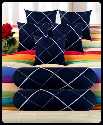 JAYOG ENTERPRISE 5 Cushion 2 Bolster Microfibre Stripes Bolster Pack of 7(Navy Blue)