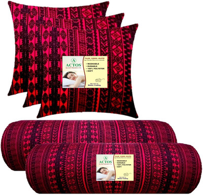 ACTOS 3 Cushion And 2 Microfibre Geometric Bolster Pack of 5(Maroon, Black)