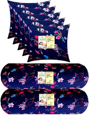 ACTOS Combo Set Of 5 Cushion And 2 Microfibre Floral Bolster Pack of 7(Blue, Multicolor25)