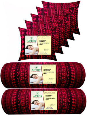 ACTOS Combo Set of 5 Cushion And 2 Bolster Microfibre Geometric Bolster Pack of 7(Maroon, Black)