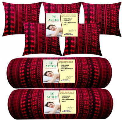 ACTOS Combo Set of 5 Cushion And 2 Bolster Microfibre Geometric Bolster Pack of 7(Maroon, Black)