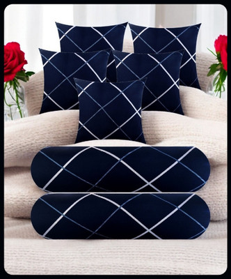 Urmila Creation 5 Cushion 2 Bolster Microfibre Stripes Bolster Pack of 7(Navy Blue)