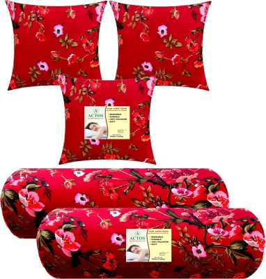 ACTOS Combo Set Of 3 Cushion And 2 Microfibre Floral Bolster Pack of 5(Maroon, Multi22)