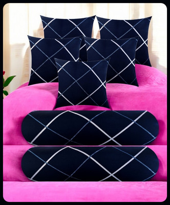 JAI SHRI 5 Cushion 2 Bolster Microfibre Stripes Bolster Pack of 7(Navy Blue)