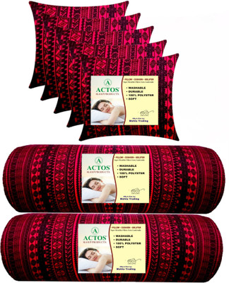 ACTOS Combo Set of 5 Cushion And 2 Bolster Microfibre Geometric Bolster Pack of 7(Maroon, Black)