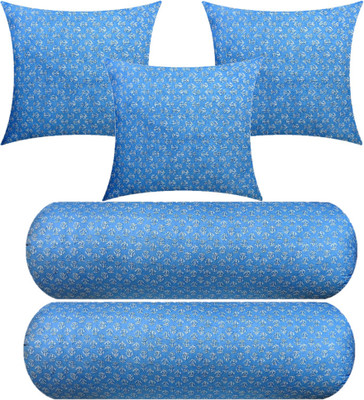 Swikon star 2 Bolster And 3 Microfibre Floral Cushion Pack of 5(Light Blue)