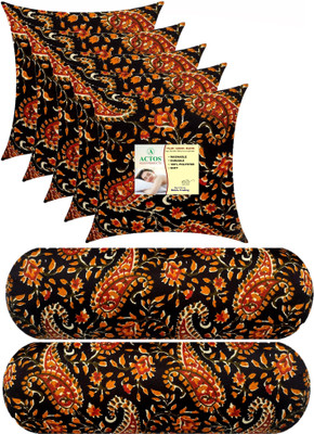 ACTOS Combo Set Of 5 Cushion And 2 Microfibre Floral Bolster Pack of 7(Black, Multicolor3)