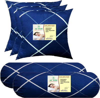 ACTOS 3 Cushion And 2 Microfibre Geometric Bolster Pack of 5(Blue, White1)