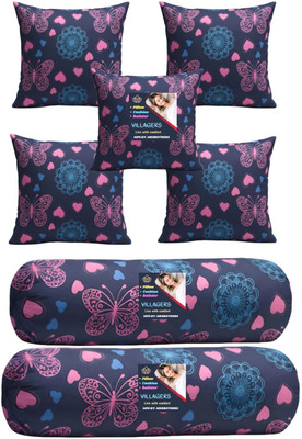 VILLAGERS Microfibre Bolster Pack of 7 Geometric Cushion & 2 Bolster Set - Butterfly Print(Dark Blue)