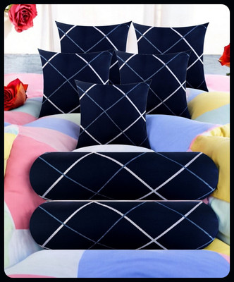 JAI SHRI 5 Cushion 2 Bolster Microfibre Stripes Bolster Pack of 7(Navy Blue)
